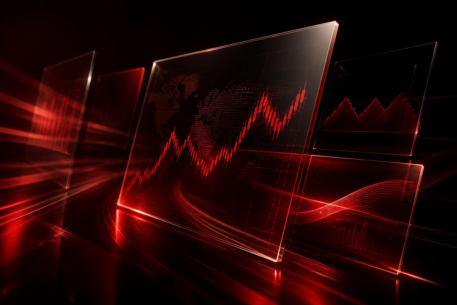 Abstract glass panels displaying crimson market performance charts